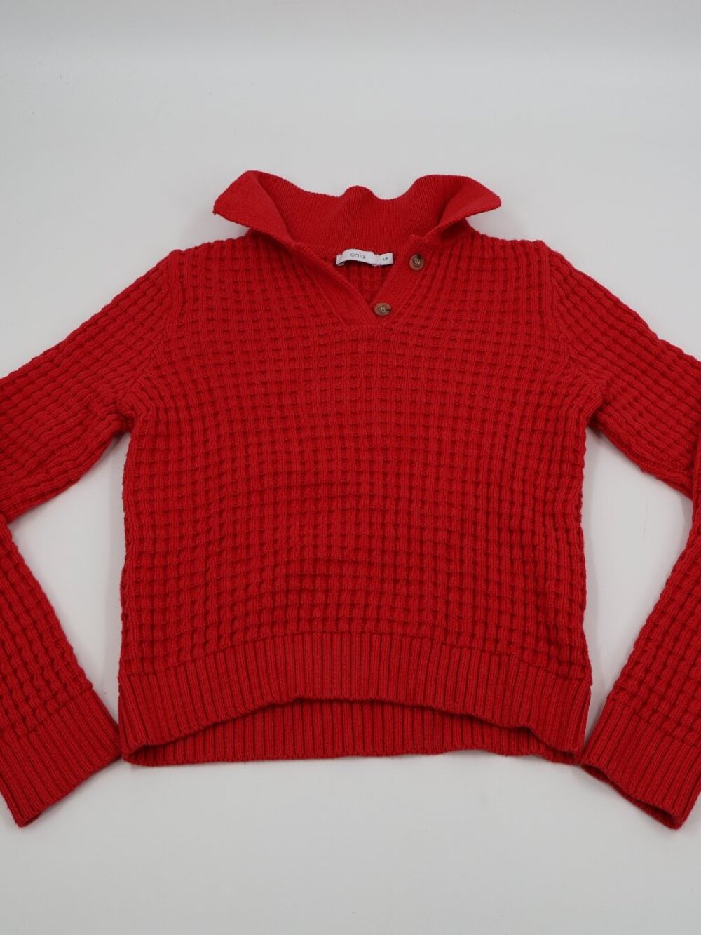 Onia Waffle Knit Polo Sweater Womens Small Red Cotton Chunky Button Pullover